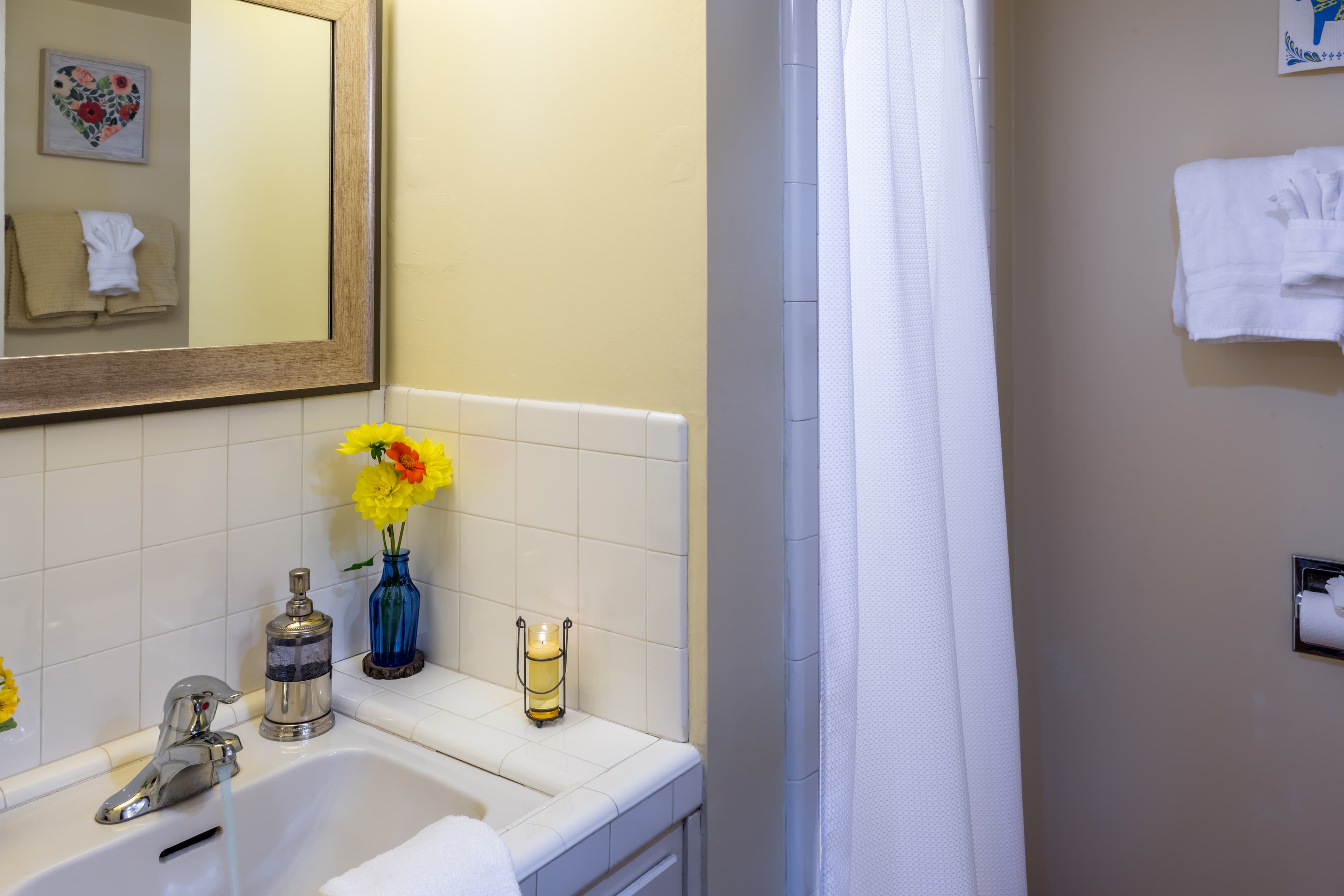 Swedish room with private bath with shower, vanity sink and toilet