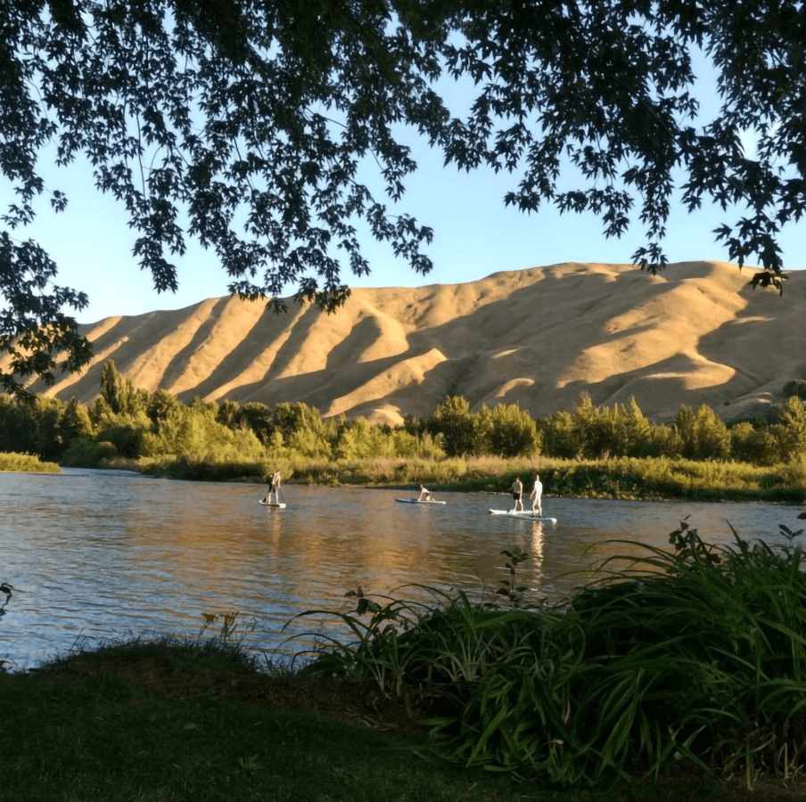 People paddleboarding on a calm river with rolling hills in the background.
