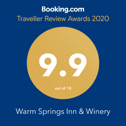 Awards graphic featuring a score of 9.9 for Warm Springs Inn & Winery from Booking.com Traveller Review Awards 2020.